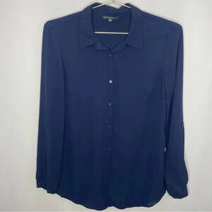 Adrianna Papell Navy Blue Roll Tab Button Down Blouse